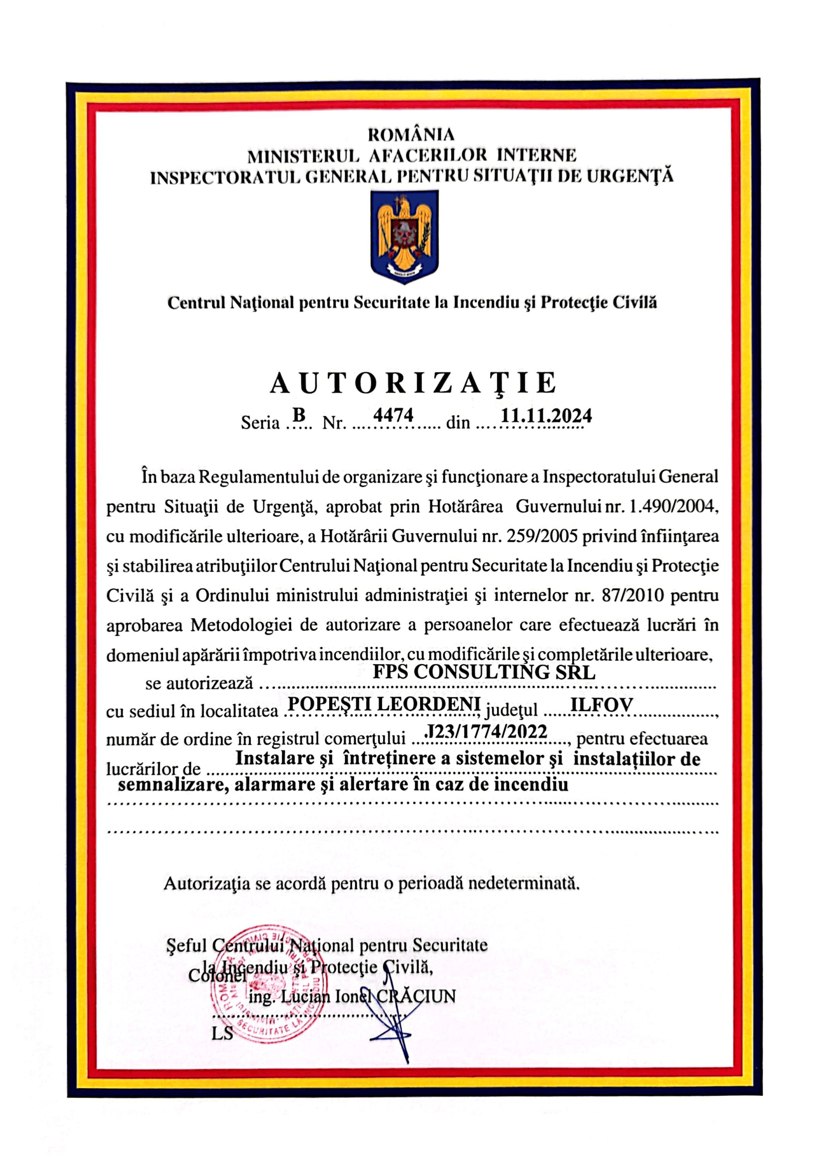 Autorizație detecție incendiu
