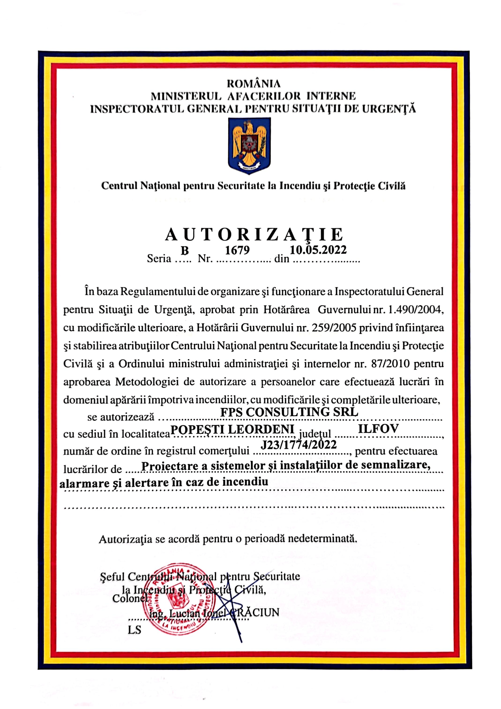 Autorizație proiectare sisteme de securitate